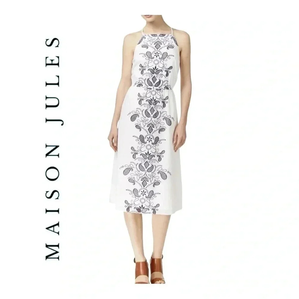 1501. MAISON JULES COTTON EMBROIDERED SHIFT MIDI LENGTH DRESS NAVY BLUE/WHITE